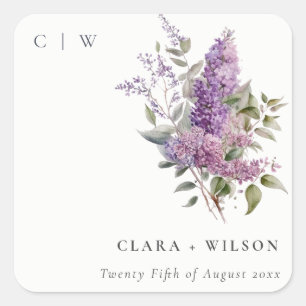 Dusky Watercolor Lilac Cottage Blommigt Bröllop Fyrkantigt Klistermärke
