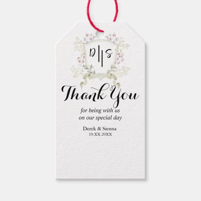 Dusky WildblommMonogram Vapensköld Bröllop Presentetikett (Framsidan)