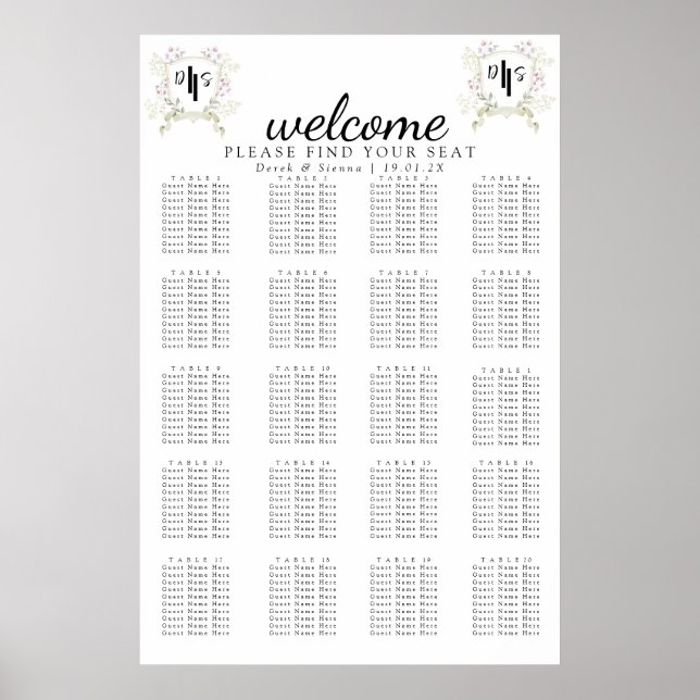 Dusky Wildblommonogram Vapensköld Bröllop Seating Poster (Framsidan)