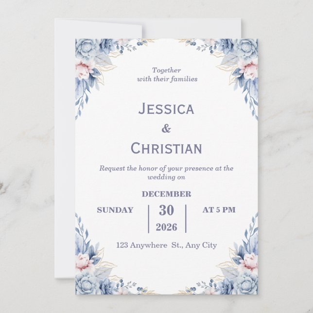 Dust Blue Floral Wedding Invitation  Inbjudningar (Framsida)