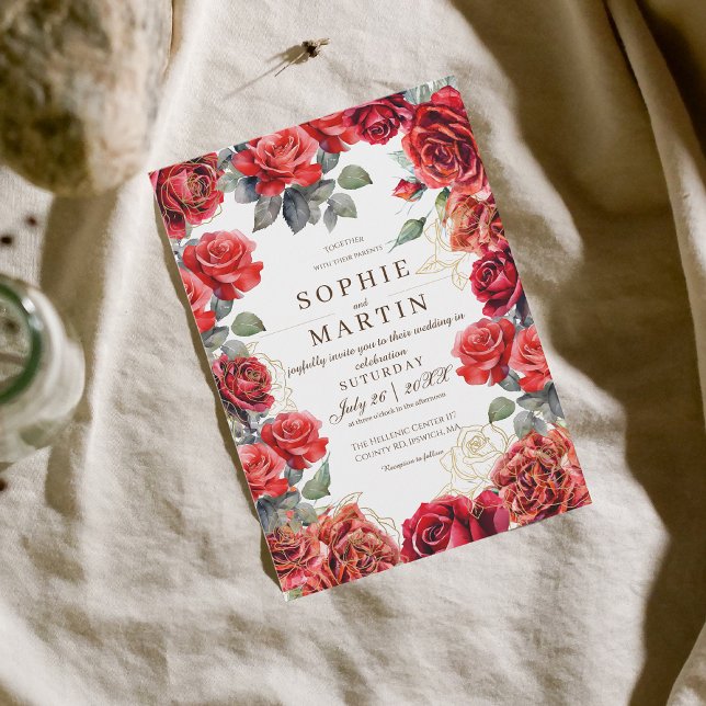 Dust Röd ros Guld Flower Bröllop Inbjudningar (Skapare uppladdad)
