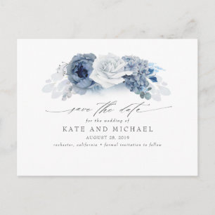 Dusty and Navy Blue Blommigt Boho Spara datum Vykort