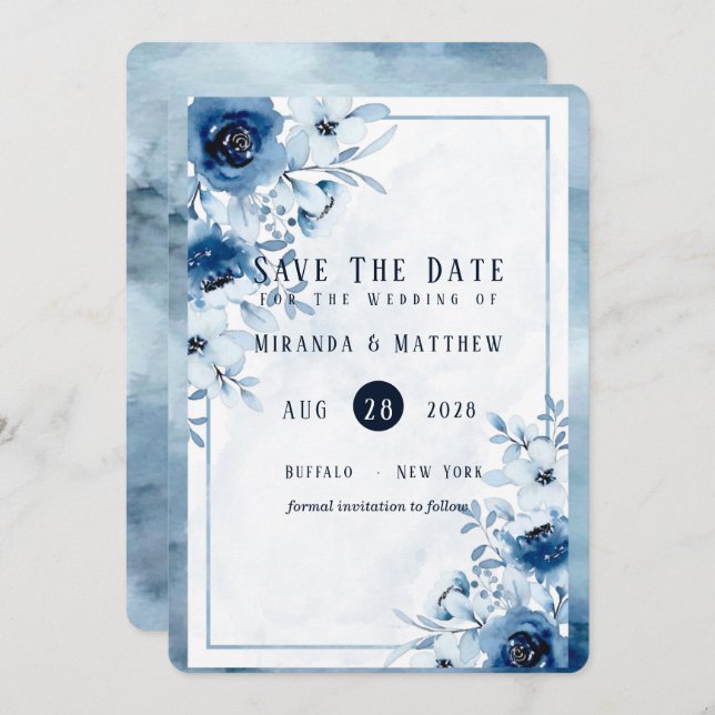 Dusty and Navy Blue Paint Peony Save Date Card Inbjudningar (Fram/baksida)