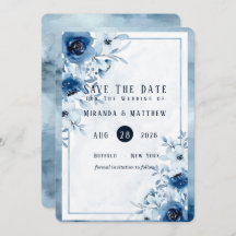 Dusty and Navy Blue Paint Peony Save Date Card