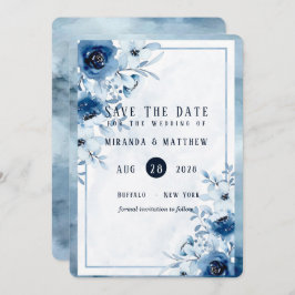 Dusty and Navy Blue Paint Peony Save Date Card Inbjudningar