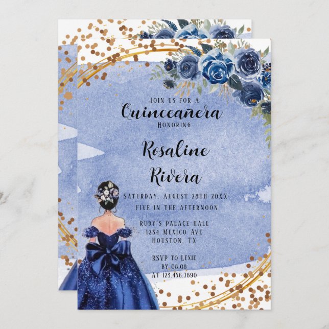 Dusty and Navy Guld Girl Quinceanera Birthday Inbjudningar (Fram/baksida)
