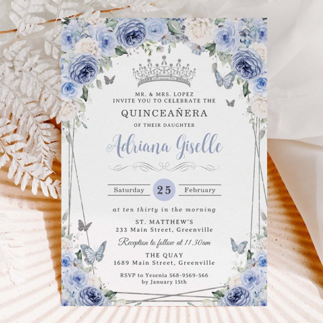 Dusty Baby blue White Blommigt Silver Quinceañera  Inbjudningar (Skapare uppladdad)