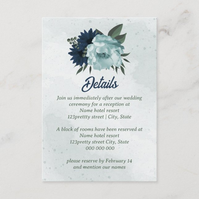 Dusty&blå blommor botaniska bröllop tilläggskort (Framsida)