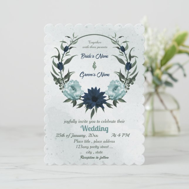 Dusty&blå blommor botaniskt andetag bröllop inbjudningar (Stående Fram)