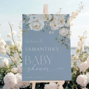 Dusty blå boho vita blommor baby shower välkommen poster
