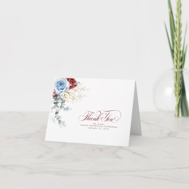 Dusty Blå och Röda Blommor Boho Tack Kort (Framsida)