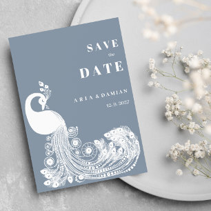Dusty blå vit kunglig påfågel chic Save the Date Inbjudningar