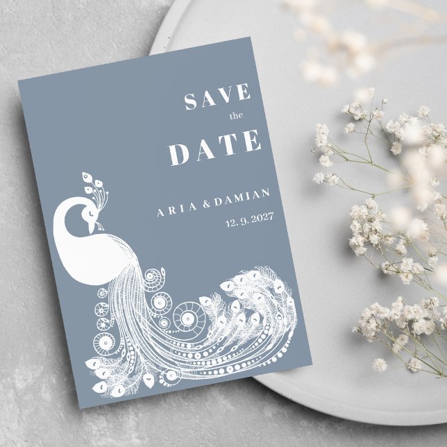 Dusty blå vit kunglig påfågel chic Save the Date Inbjudningar (Dusty blue white royal peacock chic Save the Date )