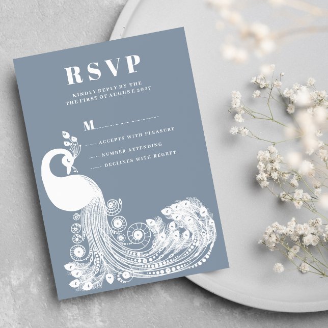 Dusty blå vit kunglig påfågel elegant svar inbjudningar (Dusty blue white royal peacock elegant RSVP)
