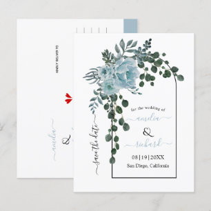 Dusty blåa blommor arch bröllop spara datum vykort