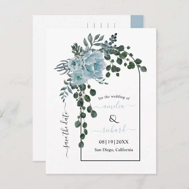 Dusty blåa blommor arch bröllop spara datum vykort (Fram/baksida)