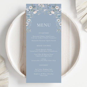 Dusty Blåa blommor Blommigt Bröllop Menu Meny