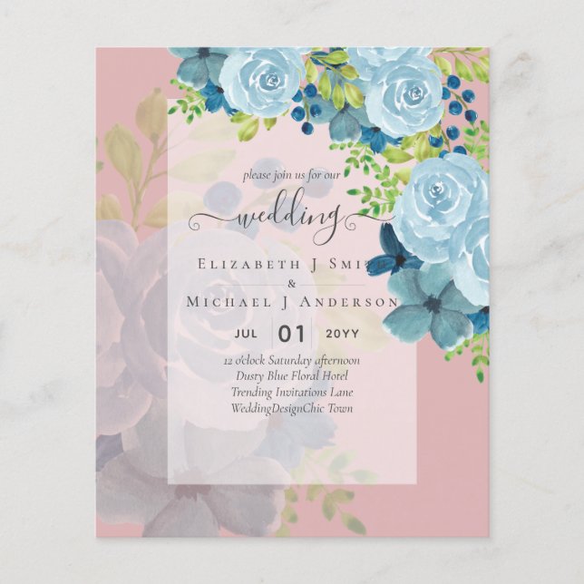 DUSTY BLÅA BLOMMOR BRÖLLOPSINBJUDANS - BUDGET FLYGBLAD (Framsidan)