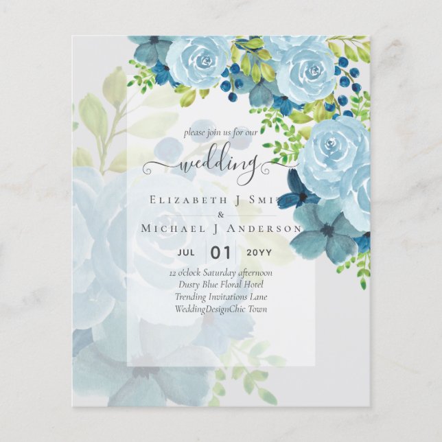 DUSTY BLÅA BLOMMOR BRÖLLOPSINBJUDANS - BUDGET FLYGBLAD (Framsidan)