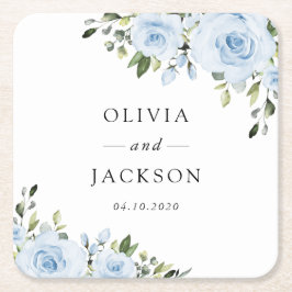 Dusty Blåa blommor, Greenery, Boho, Blommigt Bröll Underlägg Papper Kvadrat