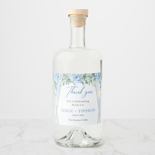 Dusty blåa blommor guld-geometrisk eukalyptus spritflaskor etikett (Framsida)