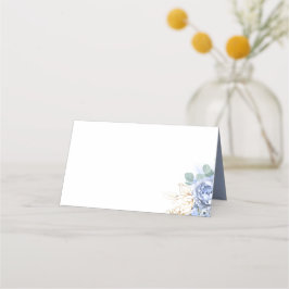 Dusty Blåa blommor och Guld Lövs Greenery Boho Placeringskort