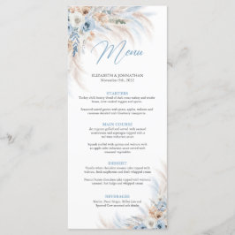 Dusty blåa blommor och pampasgräs bröllop middag meny