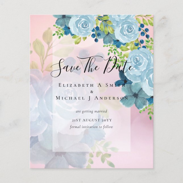 DUSTY BLÅA BLOMMOR SPARA DATA - BUDGET FLYGBLAD (Framsidan)