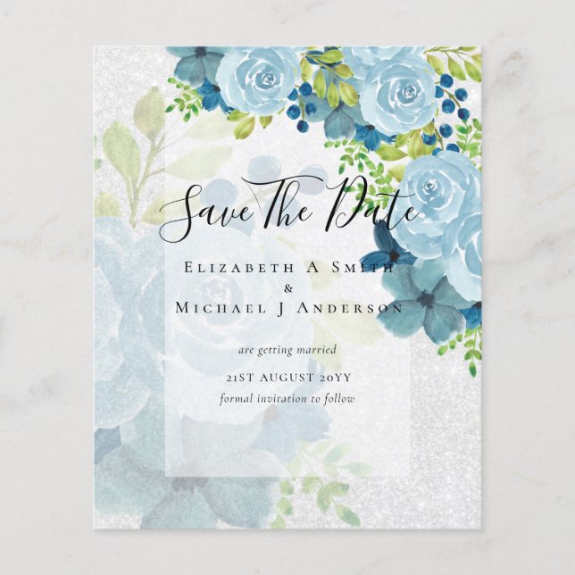 DUSTY BLÅA BLOMMOR SPARA DATA - BUDGET FLYGBLAD (Framsidan)