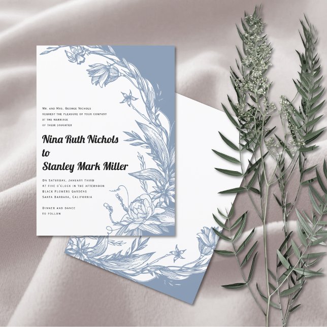 Dusty blåa blommor typografi blommigt bröllop inbjudningar (Skapare uppladdad)