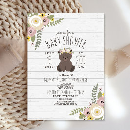 Dusty Blommigt Boho Bear Grått Wood Baby Shower Inbjudningar