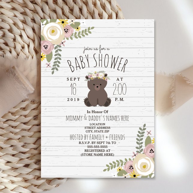 Dusty Blommigt Boho Bear Grått Wood Baby Shower Inbjudningar (Skapare uppladdad)