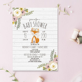 Dusty Blommigt Boho Fox Grått Wood Baby Shower Inbjudningar
