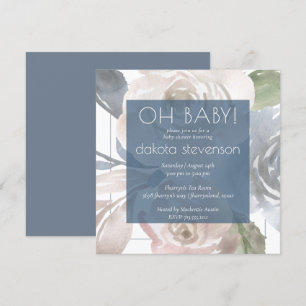 Dusty Blommigt   Smoky Blue Cream Oh Baby Shower Inbjudningar