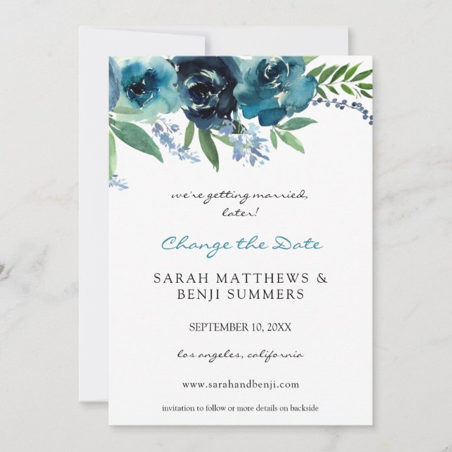 Dusty Blue 2 Blommig ändra datum (stor) Inbjudningar (Framsida)