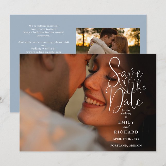 Dusty Blue 2 Foto Elegant Skrift Bröllops QR-kod Spara Datumet (Fram/baksida)