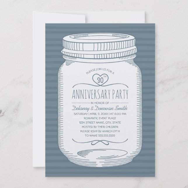 Dusty Blue 30-års bröllopsjubileum Mason Jar Inbjudningar (Framsida)