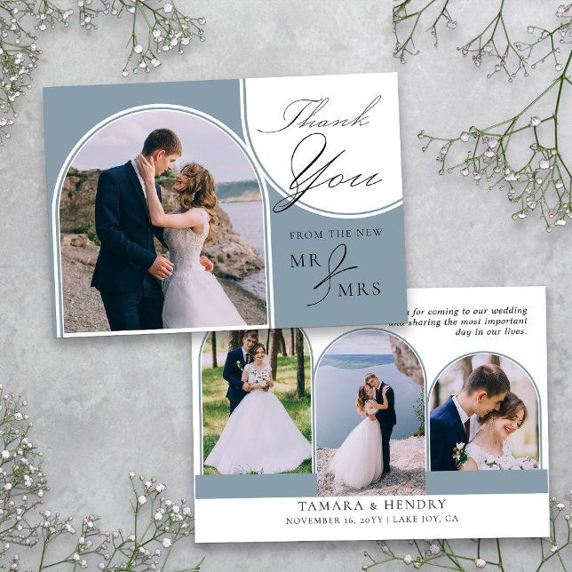 Dusty Blue 4 Arched Photo Bröllop Calligraphy Tack Kort (Wedding Photo Thank You card from my Wedding Colors Collection)