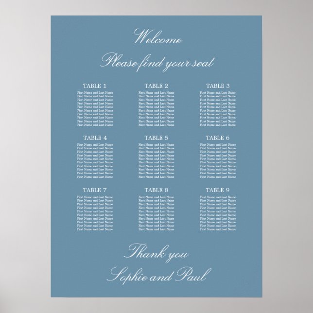 Dusty Blue 9 Bord Bröllop-sätesdiagram Poster (Framsidan)