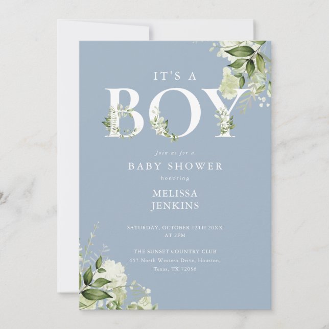 Dusty Blue A Boy Greenery QR Code Baby Shower Inbjudningar (Framsida)