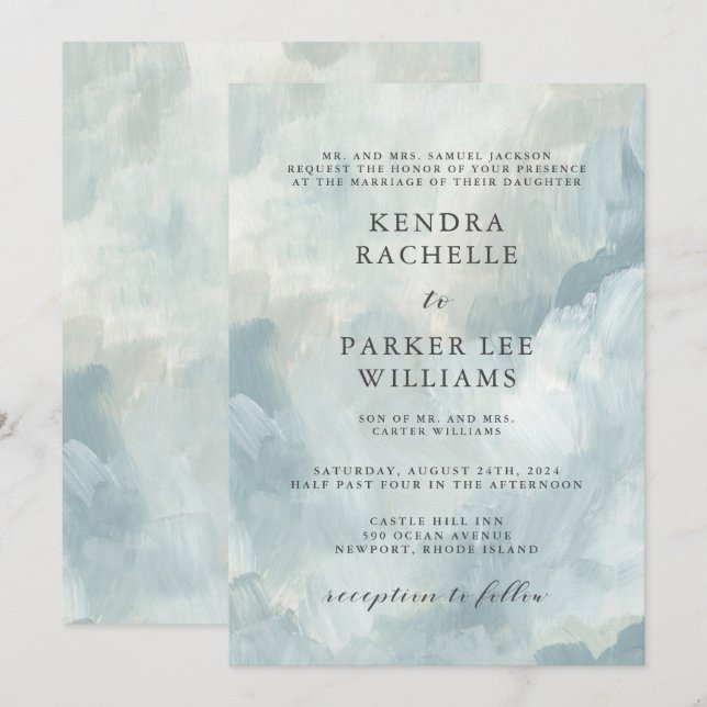 Dusty Blue Abstrakt Brushstrokes Modern Bröllop Inbjudningar (Fram/baksida)