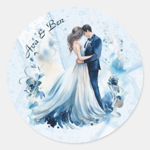 Dusty Blue Alcohol Bläck Bride & Groom Bröllop Runt Klistermärke