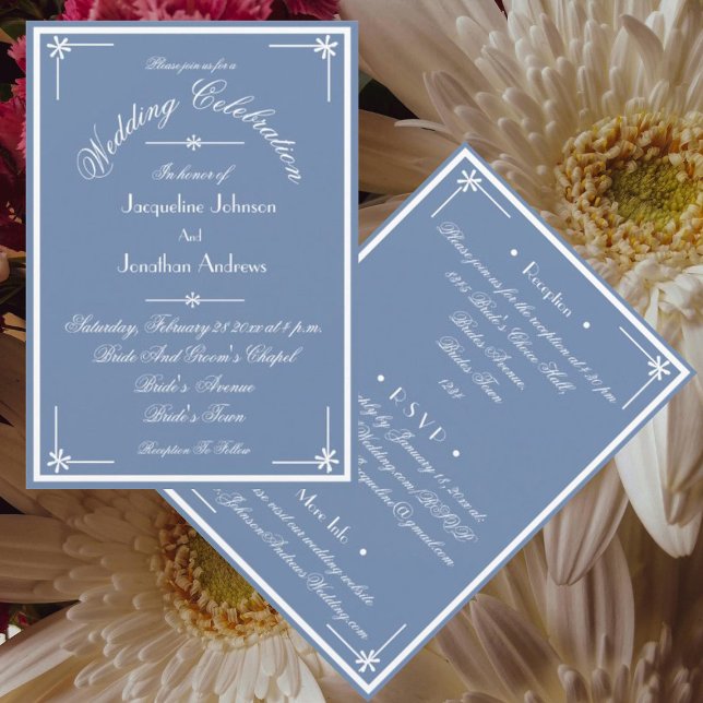 Dusty Blue All in One OSA E-postadress Bröllop Inbjudningar (Bohemian dusty blue wedding Invitations. Chic script. All-in-one RSVP Includes email, website etc.)