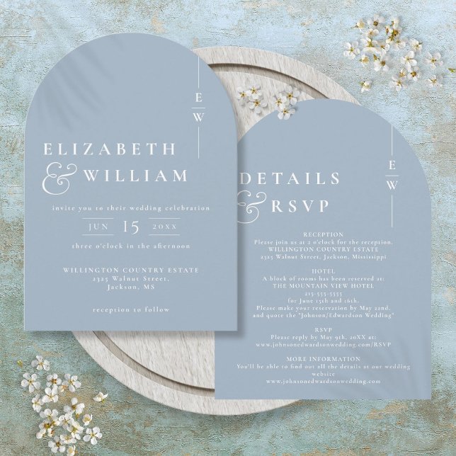 Dusty Blue Allt i en modern monogram Bröllop Arch Inbjudningar (Dusty Blue All In One Modern Monogram Wedding Arch Invitation)