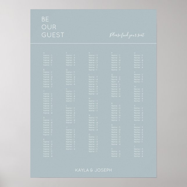 Dusty Blue Alphabetical Bröllop Seating Chart Poster (Framsidan)