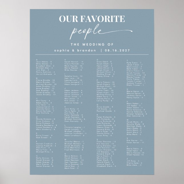 Dusty Blue Alphabetical Bröllop Seating Chart Poster (Framsidan)