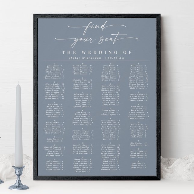Dusty Blue Alphabetical Bröllop Seating Chart Poster (Skapare uppladdad)