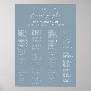 Dusty Blue Alphabetical Bröllop Seating Chart Poster