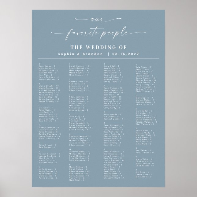 Dusty Blue Alphabetical Bröllop Seating Chart Poster (Framsidan)