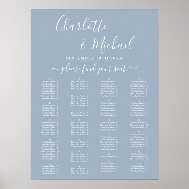 Dusty Blue Alphabetical Wedding Seating Chart Poster (Framsidan)